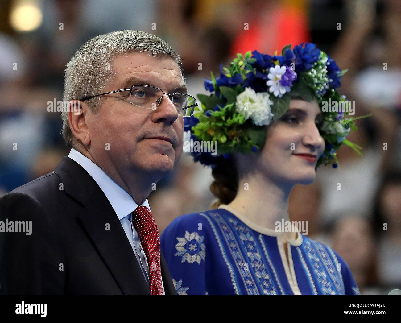 Thomas Bach, président du Comité International Olympique attend à présent les médailles à la gymnastique, au cours de dix jours de l'Games 2019 à Minsk. Banque D'Images