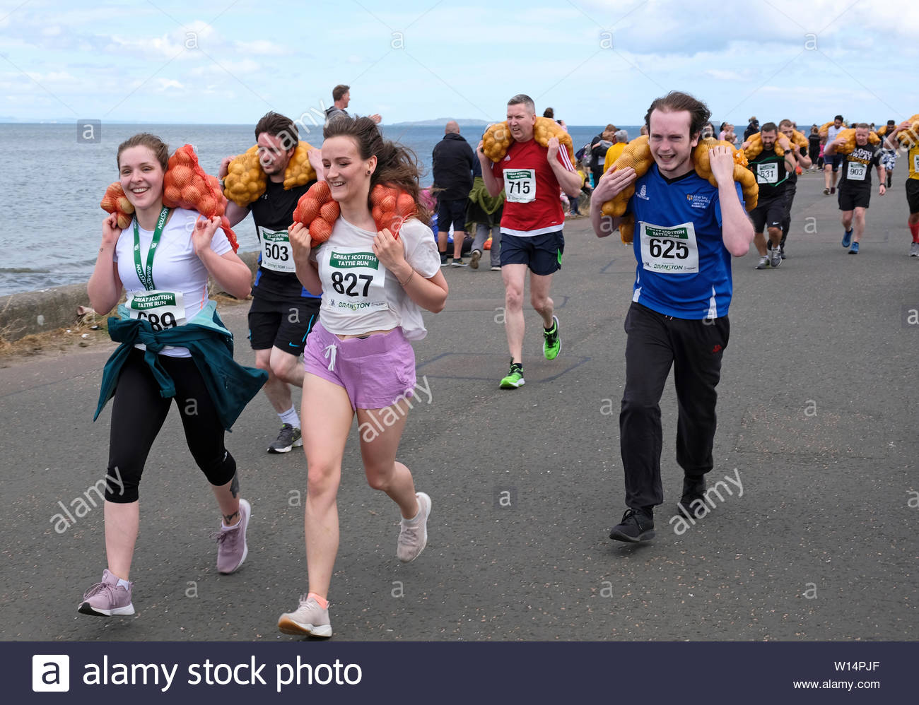 Edinburgh, Ecosse, Royaume-Uni. 30 juin 2019. Le Grand Scottish Tattie fonctionner à Silverknowes Promenade, organisée par de grands événements écossais, un événement de collecte de fonds du groupe organisateur. La course est d'un mille avec un sac de pommes de 20 kilo pour les hommes,10 kilos pour les femmes. Tous les participants obtiennent de garder leur sac de tatties. Credit:Craig Brown Banque D'Images