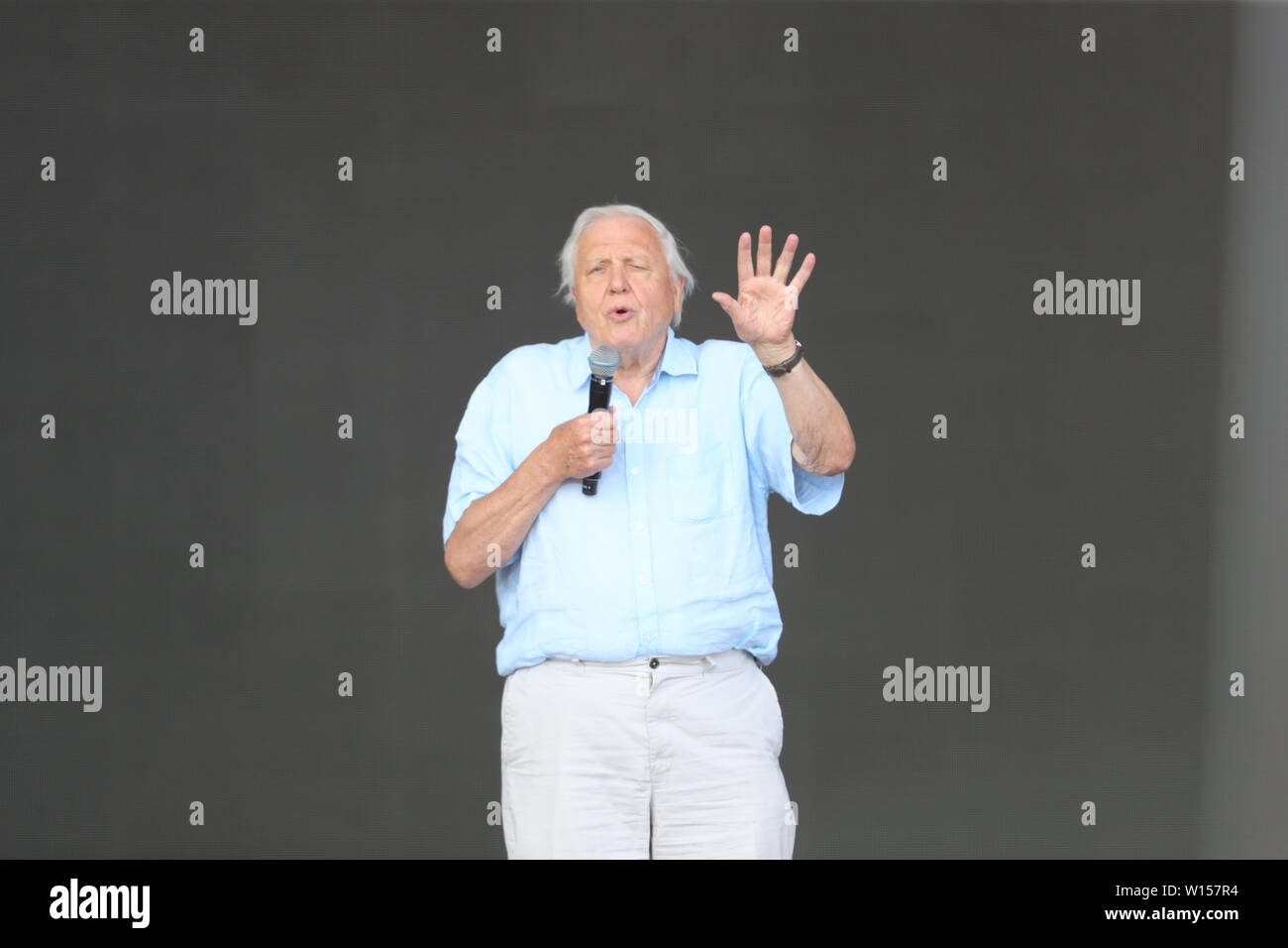 David Attenborough, faisant une apparition surprise sur la scène de Glastonbury Pyramide pour lancer l'histoire naturelle de la BBC nouvelles série sept mondes, une planète qui sera présentée plus tard cette année. Banque D'Images