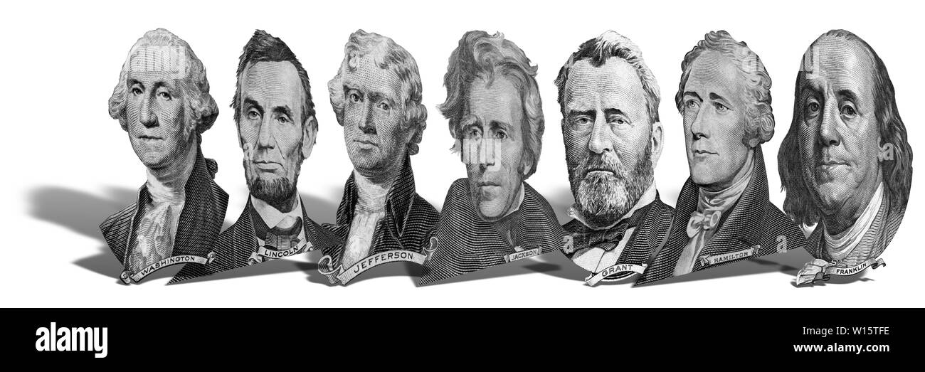 Portraits de présidents de l'Amérique et des hommes politiques de dollars isolé sur fond blanc. Photo à un angle de 45 degrés, avec une ombre. Banque D'Images