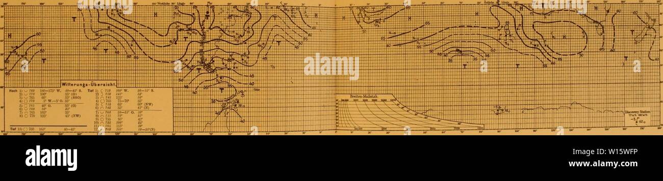 Image d'archive à partir de la page 184 de la Deutsche Südpolar-Expedition, 1901-1903, im Auftrage. Deutsche SÃ¼dpolar-Expedition, 1901-1903, im Auftrage des Reichsamtes deutschesdpola . des Innern1210deut Année : 1910 Hoch 1) i. w.-o du FIF. .15âvr 5&gt ; 755 88 10 40-45Â°') /-Â" 70 Â° 90-9555 = 11) U 760 130Â° 30Â° j'  ' (SW) 12) Â -Â Â 7W HO' $0' (SO) n° 4H1. 14. Dezember liK&gt;n° 2 491. 14. Deiember 190Â" Hoch Ji . Wfl 180â178 W. )('âÃ¶Â° S. Tief li C 7J0 160- W. SI-55' S. ro 100' .) ' reo usÂ° 358) 765 60Â° BS OSSI) 3)"rÂ rÂ" H 135 504)0 770 .V W.-.V O. :(.V 4J07Ã5 75-70Â° 35Â° 65Â° 60' 85" iNWj rÂ Banque D'Images