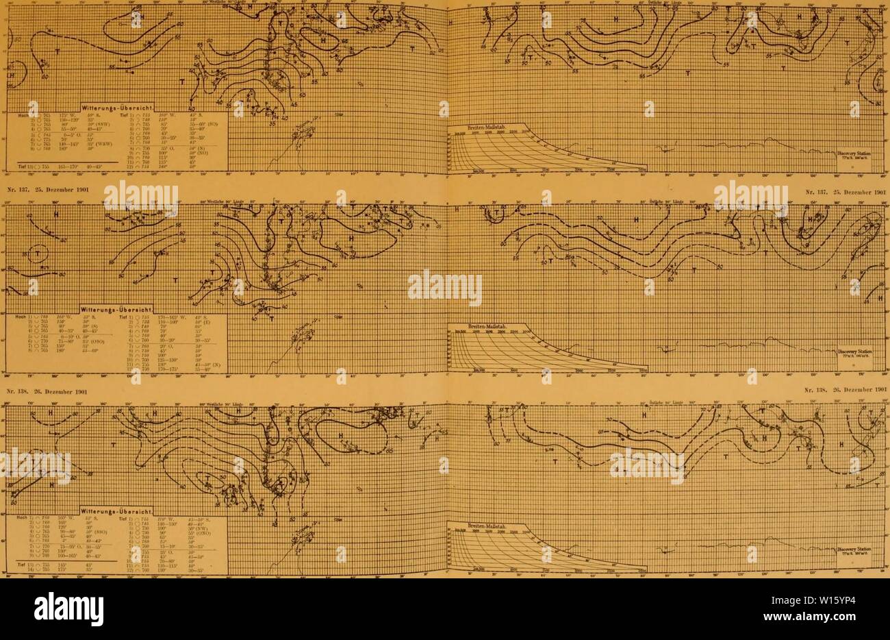 Image d'archive à partir de la page 194 de la Deutsche Südpolar-Expedition, 1901-1903, im Auftrage. Deutsche SÃ¼dpolar-Expedition, 1901-1903, im Auftrage des Reichsamtes deutschesdpola . des Innern1911deut Année : 1911 Deutsche SÃ¼dpolar-t901 expédition Nr.3 â ESTÂ". 24. 1901 Denmber ... Â ¢.- wi' IM 141 U0' 130' Meteorologischer Atlas. Tafel 16 XR. 186. 24. IM Dezember] jWilterunftt Ãberticht-L [. J'Hoch) - m 160 n .-,, j'ai l'IISI) ; rsj.â¢Â" Â" S lâ -4'. 16 96 0. Â"â â 035 ) Â -Â 780 13fr1 â â 15 j' 30 un 'â 'â ' 160-185 9) rÂ" u ' 32-j(r) 10 . , , ;Â"i -i, de sorte&gt ; Tief LI), r .. n.v soÂ" 175 SS 12) . 70 Banque D'Images