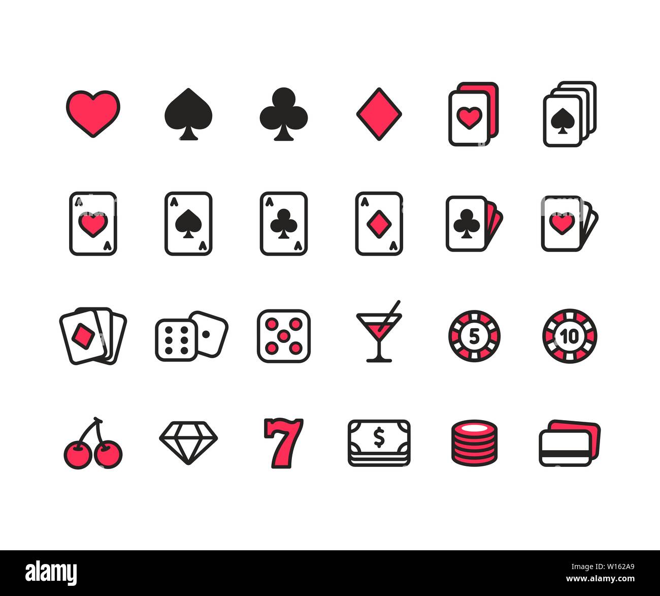 L'icône de la ligne de casino jeu. Cartes de poker, dés et jetons, symboles de machines à sous et de l'argent. Style moderne simple vector icons. Illustration de Vecteur