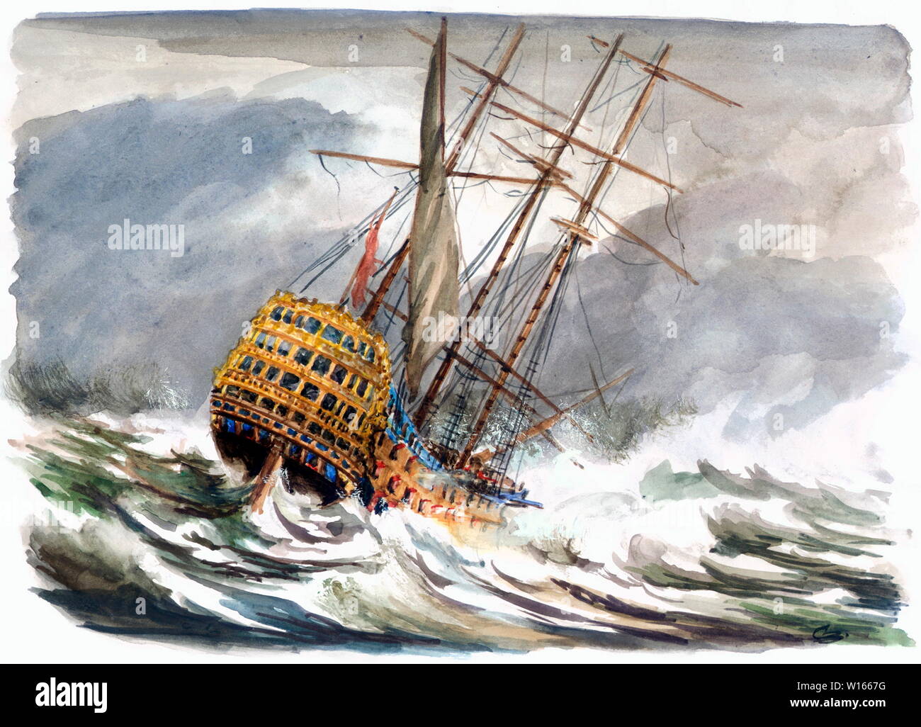 AJAXNTPHOTO. 1744-2008 - fleuron épave découverte - l'AMIRAL SIR JOHN BALCHEN, navire amiral HMS Victory, 6ème DU NOM DE GUERRE, a longtemps cru avoir frappé CASQUETS LES ROCHES, à l'OUEST DE L'Alderney, CHANNEL ISLANDS, AU COURS D'UNE VIOLENTE TEMPÊTE SUR NUIT DU 4ème octobre, 1744. Les AUTRES DÉCOUVERTES PAR L'ENTREPRISE AMÉRICAINE ODYSSSEY MARINE EXPLORATION INC A TROUVÉ L'ÉPAVE RESTE AU SUD DU COMTÉ DE DEVON SALCOMBE PORT EN 2008, près de 60 milles (100 km) DE L'EMPLACEMENT INITIAL AURAIT ÉTÉ LE WRECKSITE. Illustration originale © CAROLINE BEAUMONT. REF:1744 WRECK Banque D'Images