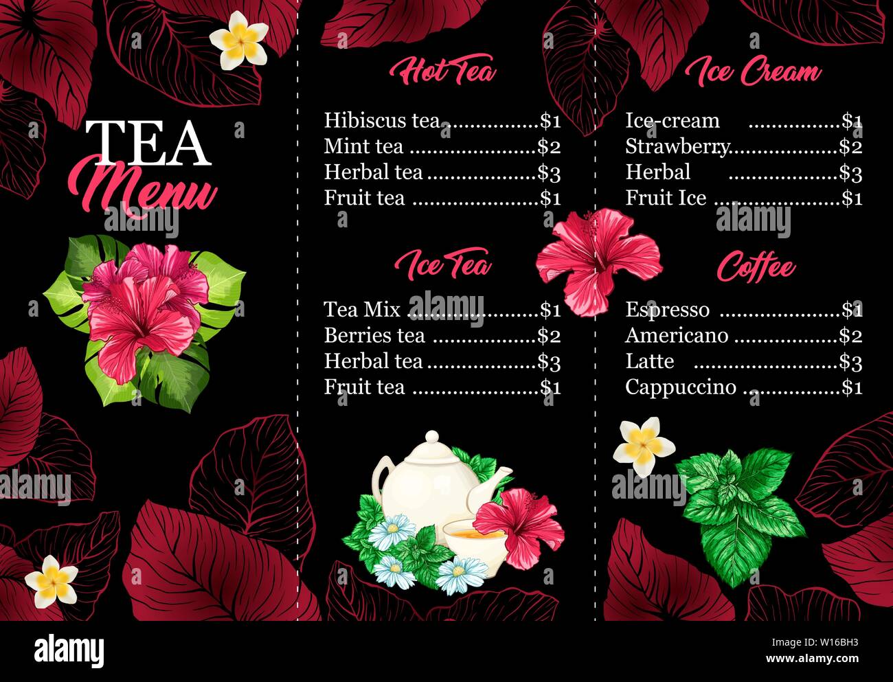 Plateau Menu ou carte Notice avec Hawaiian Hibiscus Fleur parfum rouge. Les feuilles brillantes et de camomille. Vector Design de bannières pour Cafe imprimer avec un arrière-plan sombre. Pot de thé vert, feuille de menthe et de la cuvette. Illustration de Vecteur