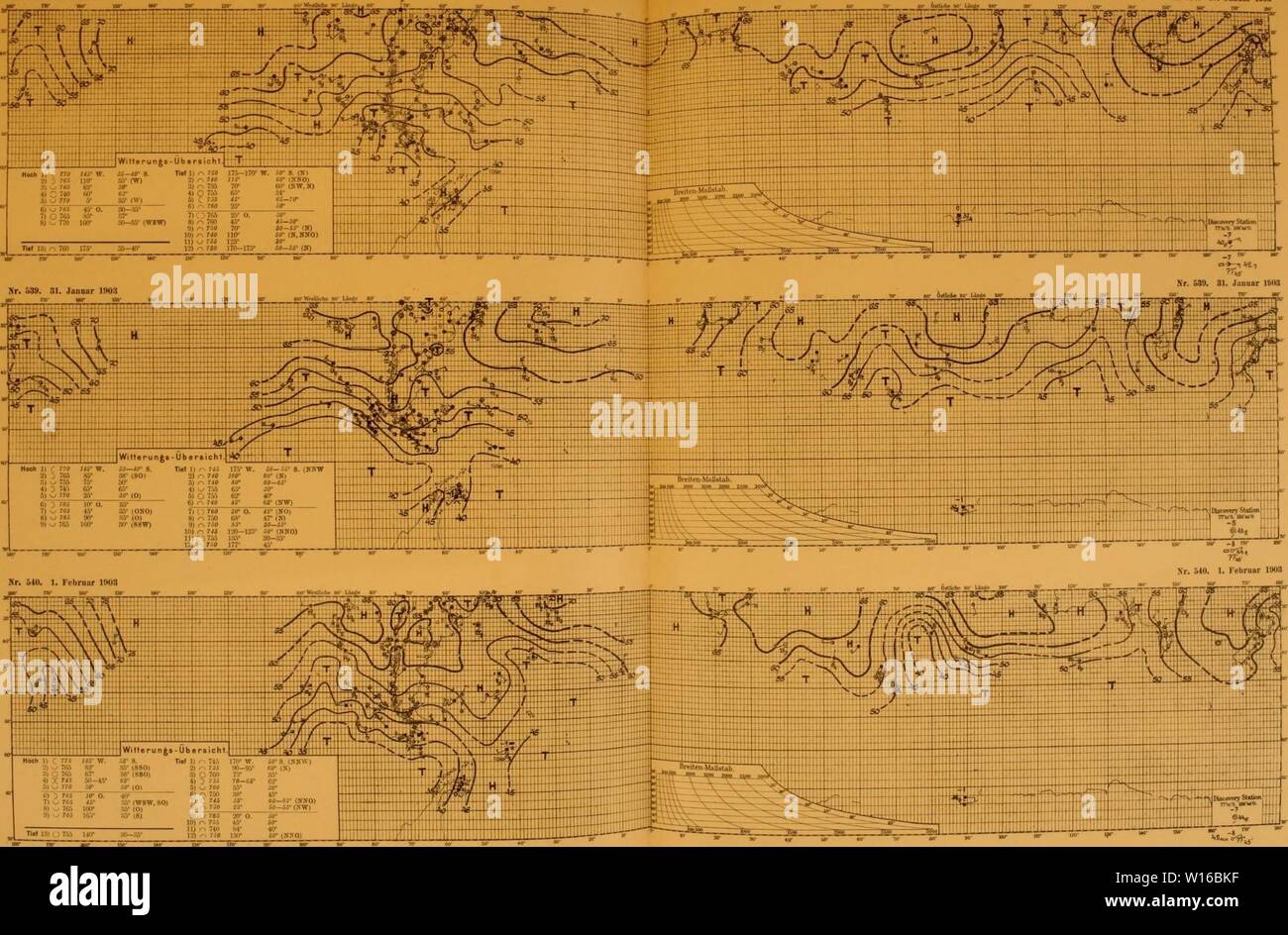 Image d'archive à partir de la page 248 du Deutsche Südpolar-Expedition, 1901-1903, im Auftrage. Deutsche SÃ¼dpolar-Expedition, 1901-1903, im Auftrage des Reichsamtes deutschesdpola . des Innern1210deut Année : 1910 Deulst expédition ir 1901â3 Jir. ¶Ã SS. Ainsi. 1903 Iimir Meteorologischer Atlas. N° 180 Tafel 53S. Ainsi. 08 janvier 1903 Mr 13 115) . TC 0 30' (0) .., n â .. o k) â 765 5Â° (WSW, 30) ffifl iÂ"r Hfl (0) - 765, 16S' â (S) Tlel EST] 76S VT 9) w 785 'JO1 0. JÃ¶ = 10) r 755 4650 4ff i.'i i o tacr 56 (NX0) Banque D'Images