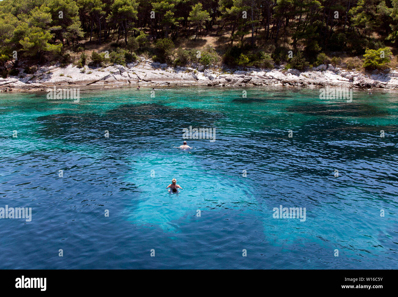 La natation de personnes dans une mer Adriatique cove sur une île sans nom près de Hvar. Couleur naturelle ; ne pas être améliorées dans Photoshop. Banque D'Images