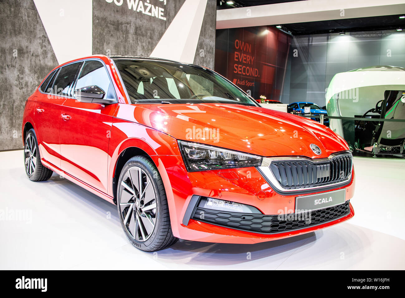 Poznan, Pologne, Mars 2019 : tous les nouveaux Skoda Scala à Poznan International Motor Show, petite voiture familiale produite par le constructeur automobile tchèque Skoda Auto Banque D'Images