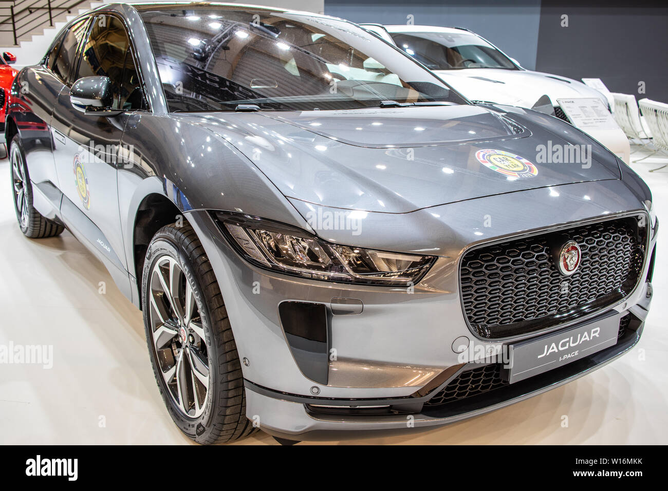 Poznan, Pologne, Mar 2019 Jaguar électriques I-RYTHME VUS avec batterie haute tension, moteur électrique, moteur Poznan Salon International de l'automobile, Jaguar SUV ev Banque D'Images