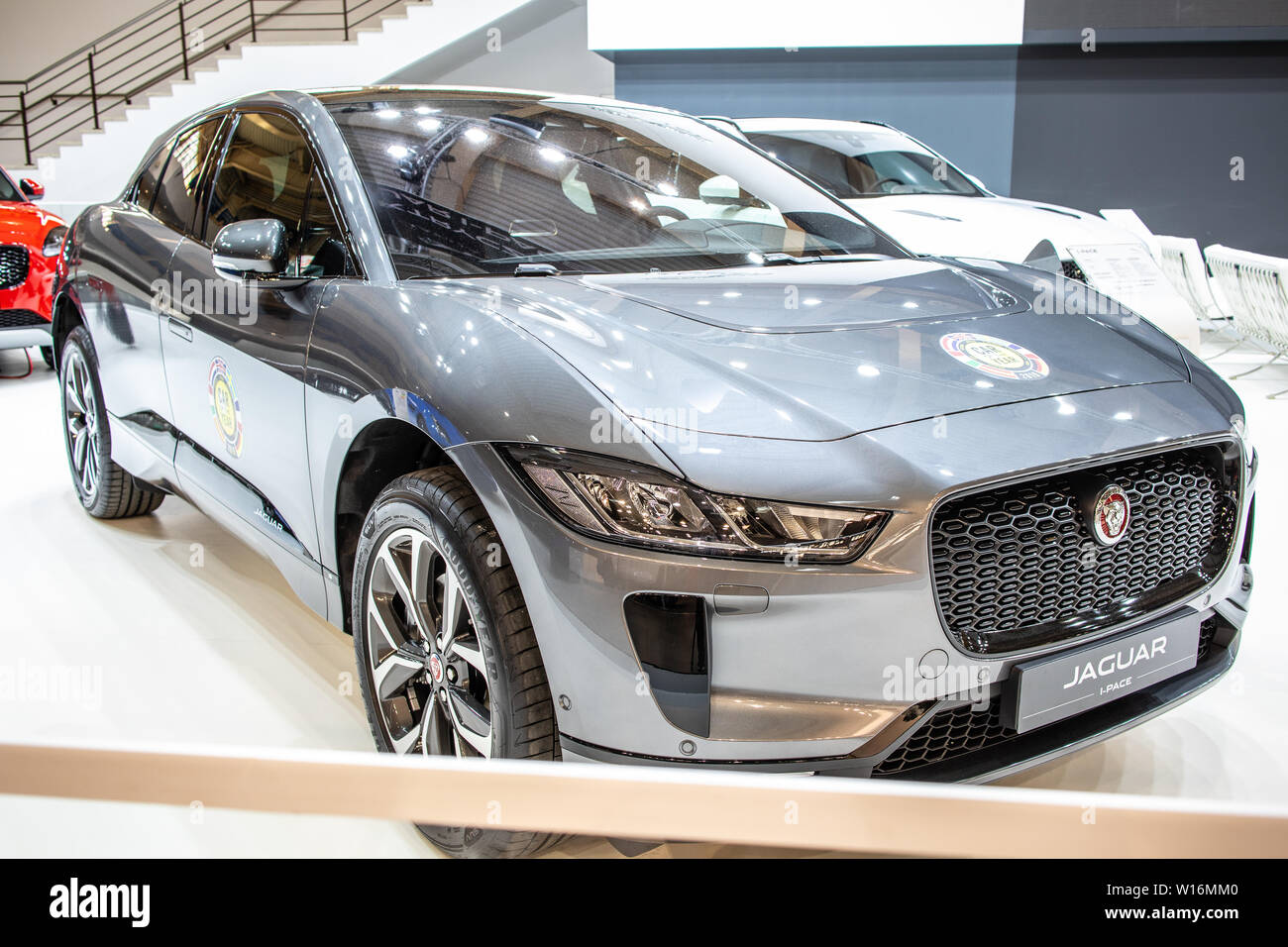 Poznan, Pologne, Mar 2019 Jaguar électriques I-RYTHME VUS avec batterie haute tension, moteur électrique, moteur Poznan Salon International de l'automobile, Jaguar SUV ev Banque D'Images