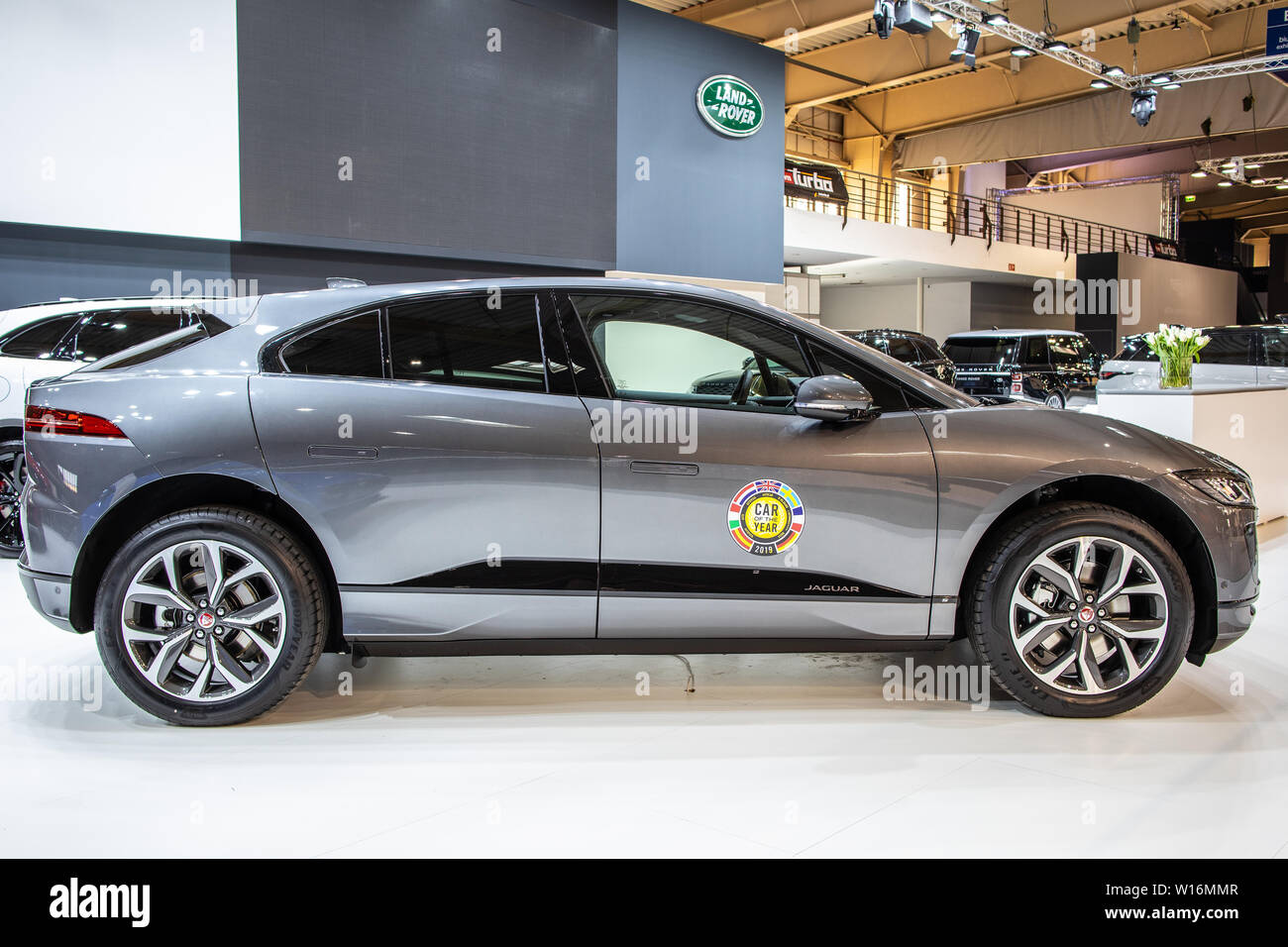 Poznan, Pologne, Mar 2019 Jaguar électriques I-RYTHME VUS avec batterie haute tension, moteur électrique, moteur Poznan Salon International de l'automobile, Jaguar SUV ev Banque D'Images