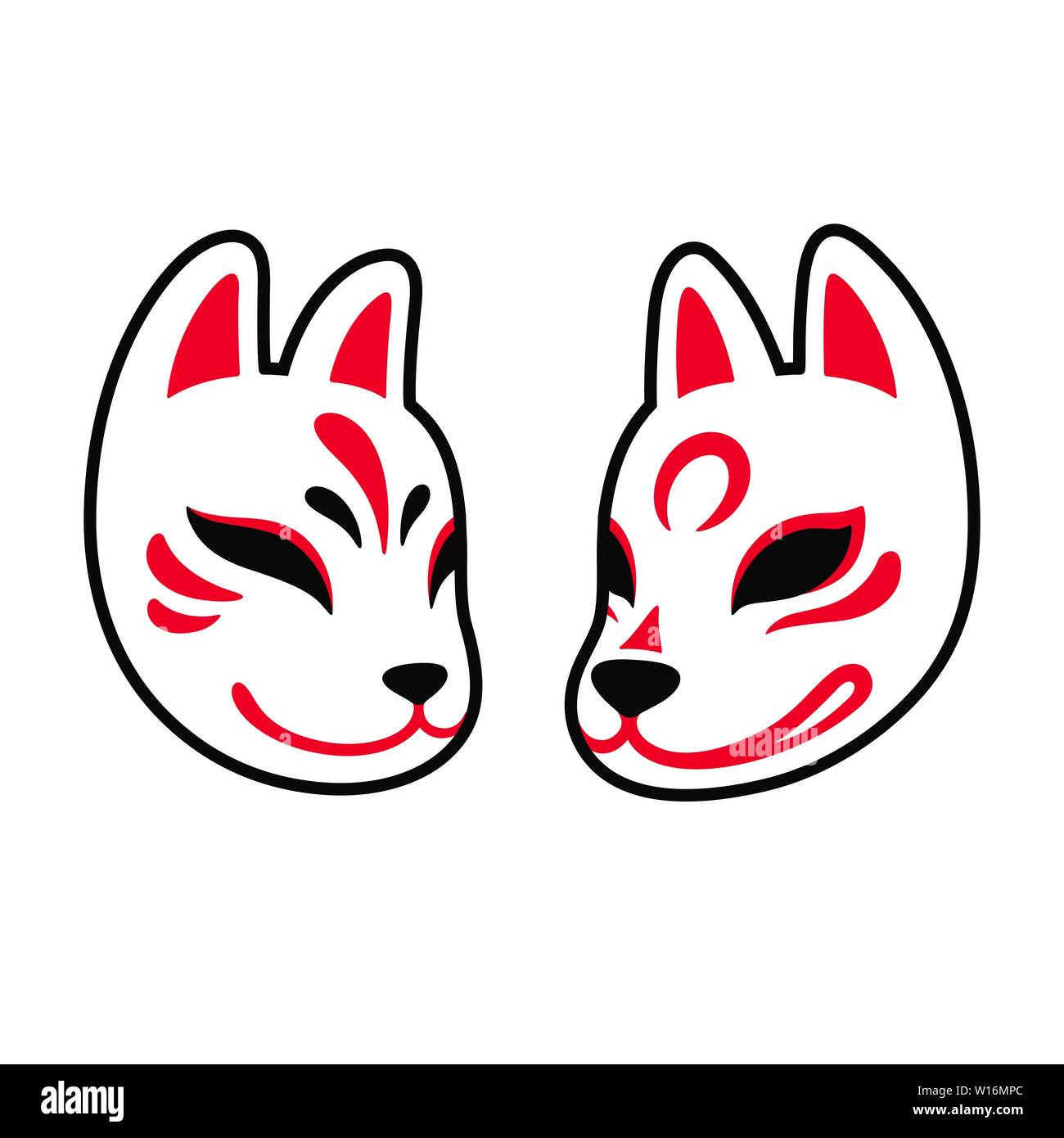 Kitsune japonais fox et wolf masque. Deux masques peints traditionnels simples dans un style minimaliste. Vector clip art illustration isolé. Illustration de Vecteur
