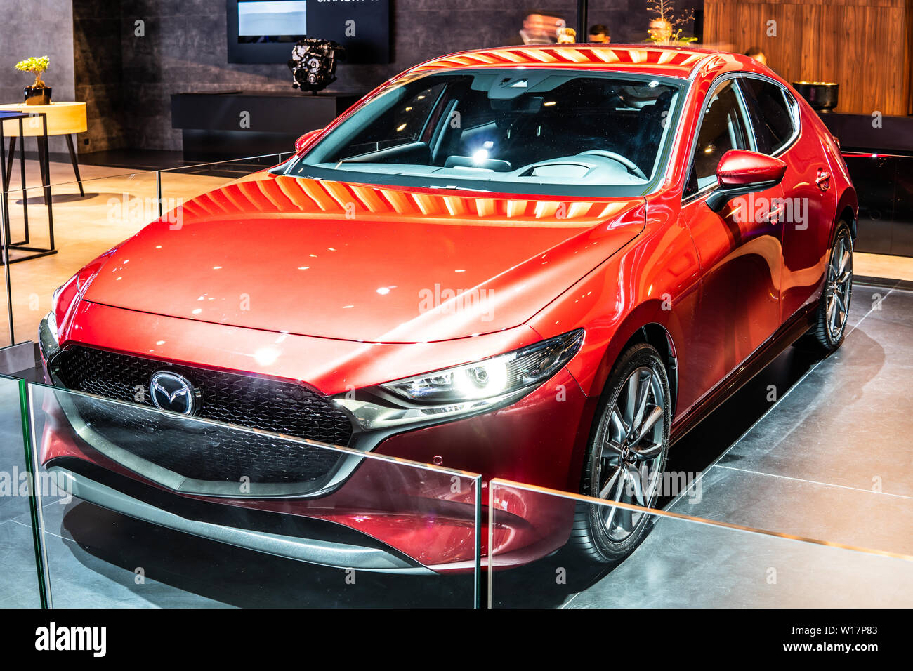 Bruxelles, Belgique, Jan 2019 toutes les nouvelles Mazda 3 à Bruxelles Salon de l'automobile, quatrième génération, voiture compacte fabriquée au Japon par Mazda Banque D'Images