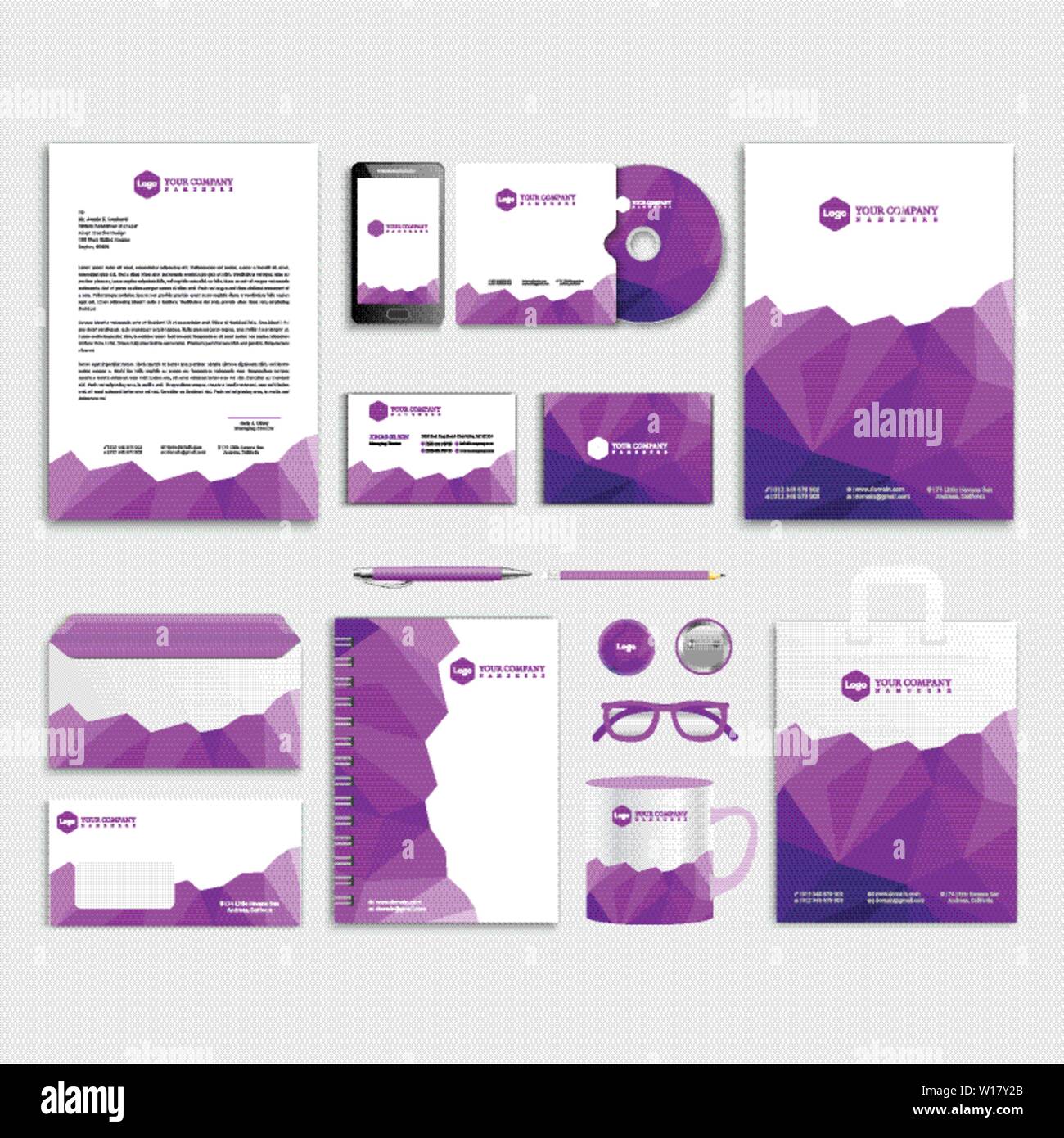 L'identité d'entreprise violet template design avec des éléments géométriques de couleur. Papeterie Commerciale - Vector Illustration de Vecteur