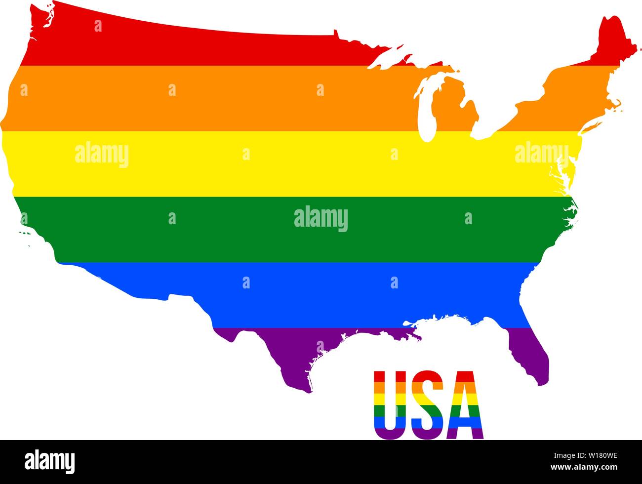 En Carte des Etats-Unis drapeau arc-en-ciel LGBT comprenait six rayures avec USA Texte LGBT. Le Pavillon comprenait six rayures ; sens à chacune des couleurs : la vie, la guérison, l'al. Illustration de Vecteur