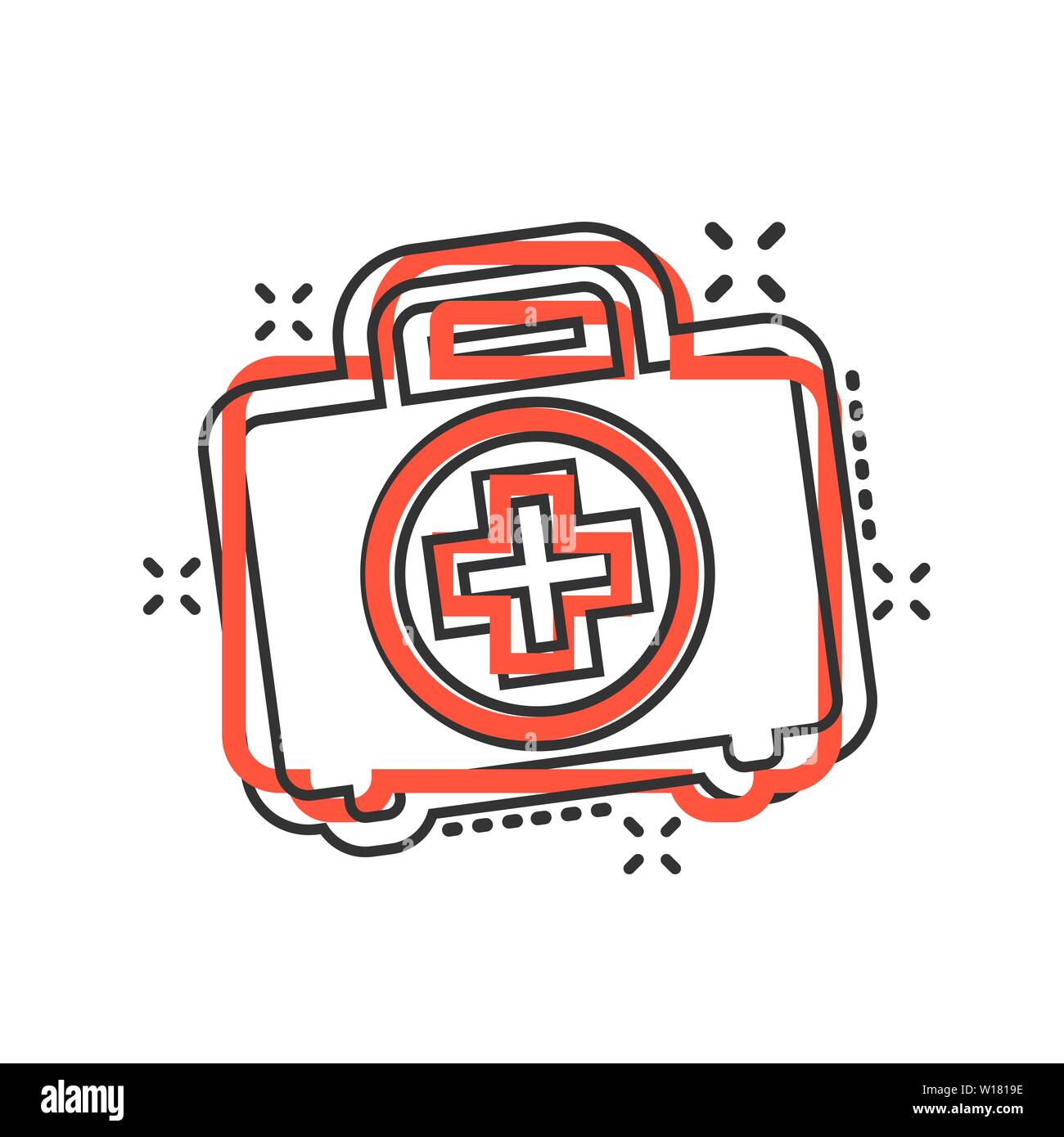 Trousse de premiers soins dans l'icône de style bande dessinée. La santé, l'aide et les diagnostics médicaux vector cartoon illustration sur fond blanc isolé. Secteur du sac de médecin Illustration de Vecteur