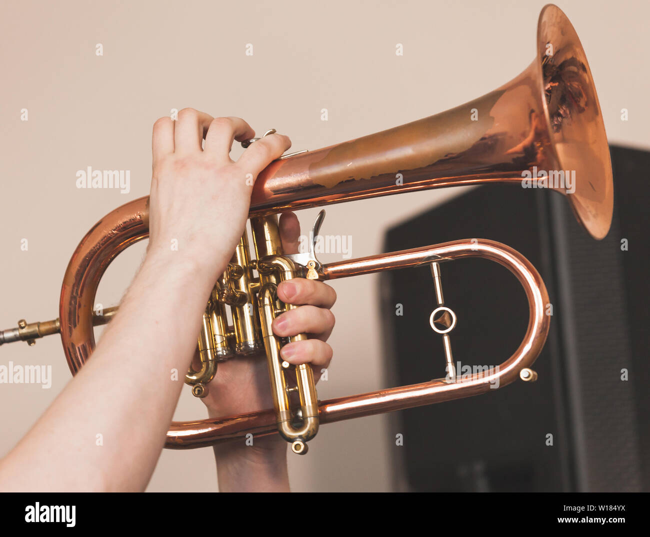 Arrière-plan de la musique live, flugel horn trompettiste en mains, photo en gros plan avec selective focus Banque D'Images