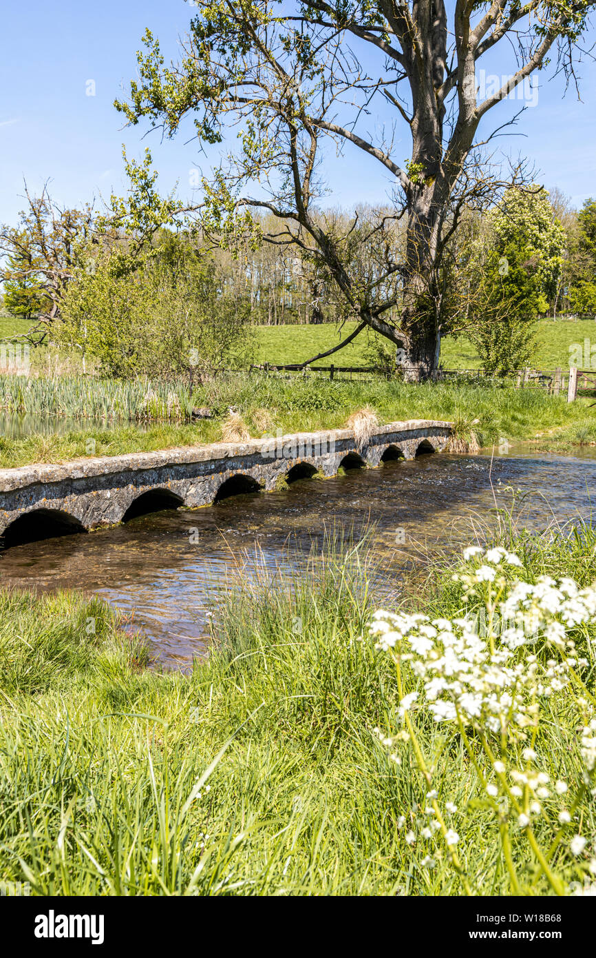 Un vieux pont de pierre à travers le ruisseau de Sherborne près du village de Cotswold, Sherborne Gloucestershire UK Banque D'Images