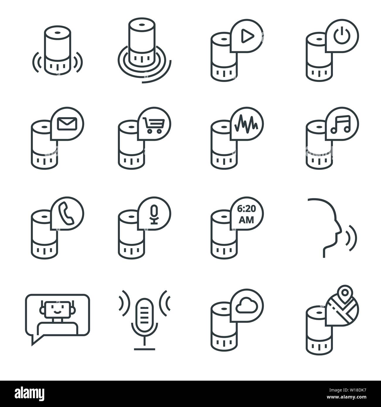 Smart speaker et assistant virtuel. Vector Icon Set en style contour Illustration de Vecteur