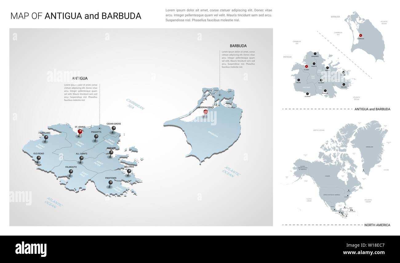 Vector set d'Antigua-et-Barbuda island. Carte en 3D isométrique, Antigua-et-Barbuda map, la carte de l'Amérique du Nord - avec la région, l'Etat et les noms les noms de ville. Fon Illustration de Vecteur