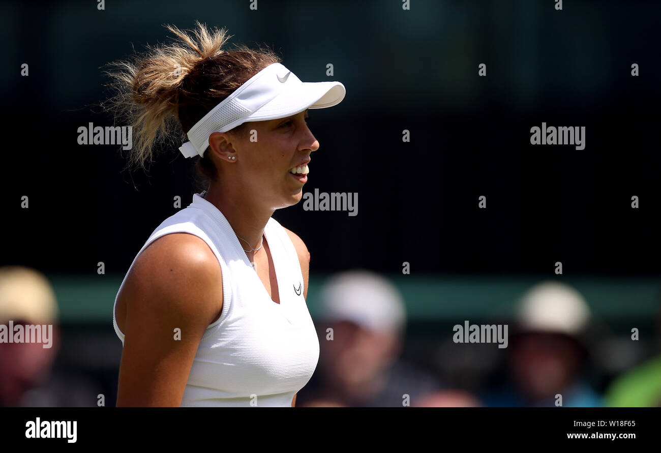 Madison Keys sur le premier jour de la Wimbledon à l'All England Lawn Tennis et croquet Club, Wimbledon. Banque D'Images