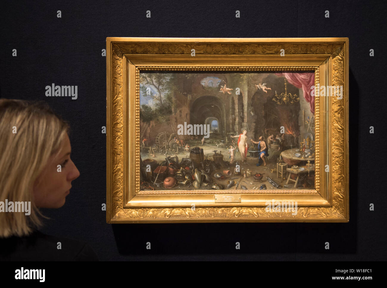 Bonhams, Londres, Royaume-Uni. 1er juillet 2019. Huile sur quatre panneaux de cuivre par Jan Brueghel le Jeune (1601-1678) dirige la vente tableaux anciens. Les quatre éléments : une allégorie de la terre ; une allégorie de l'eau ; une allégorie de l'air ; et une allégorie du feu ont été miraculeusement bien conservé comme un quatuor de près de 400 ans, l'estimation de 200 000 €,800,000-1. Credit : Malcolm Park/Alamy Live News. Banque D'Images