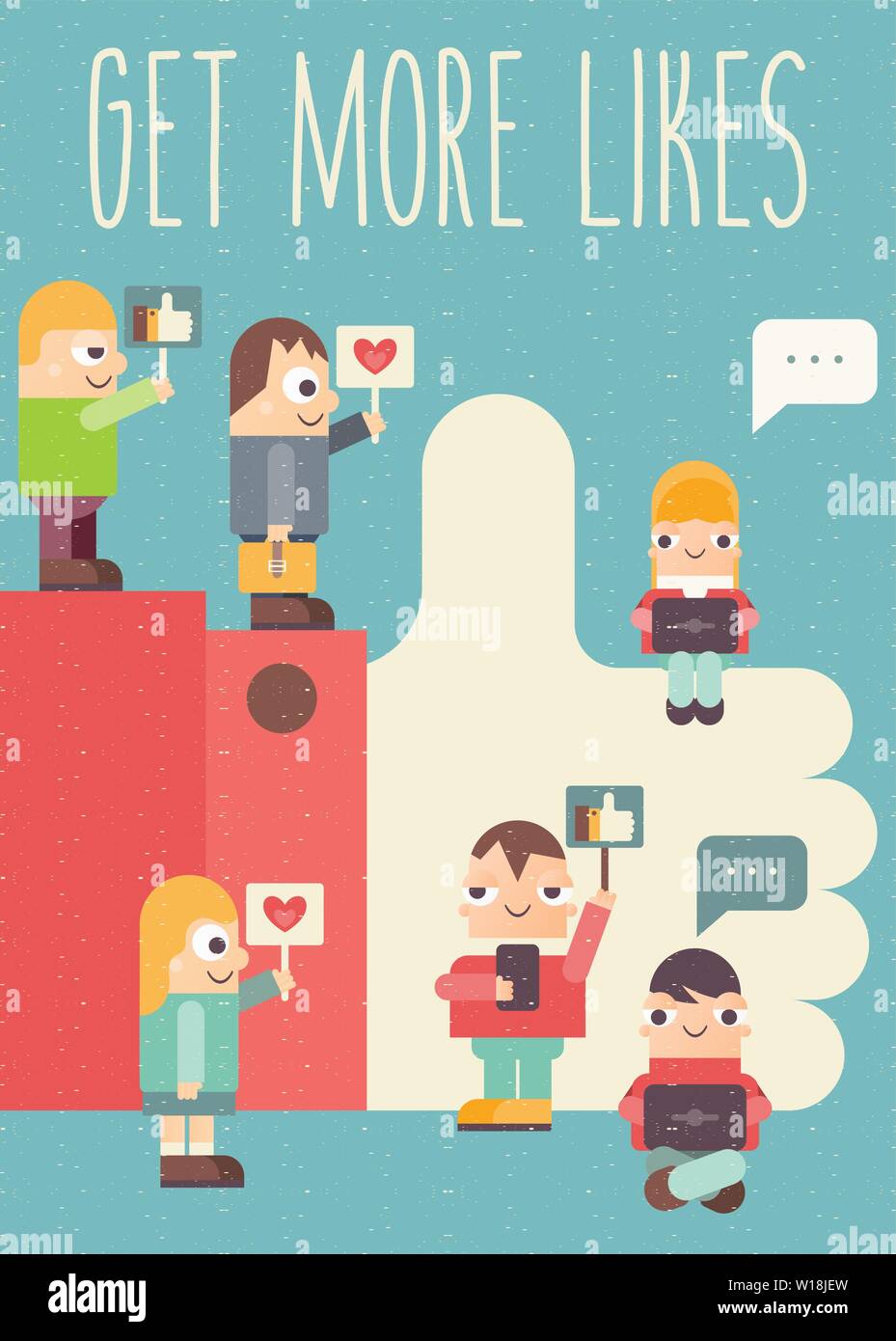 Obtenez plus d'Aime Poster. Social Media Concept. Petit Cartoon Funny People à l'aide de gadgets mobiles - ordinateurs portables et smartphones. Les réseaux sociaux et les blogs Illustration de Vecteur