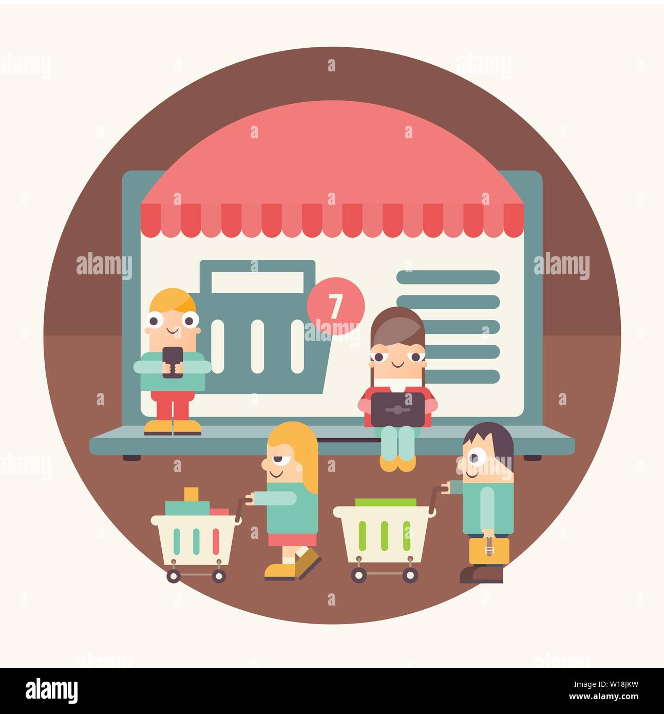 Magasinage en ligne de l'affiche. E-commerce Concept. Funny Cartoon personnes faire des achats à l'aide d'ordinateurs portables près de Big Moniteur avec vitrine. Les acheteurs avec Shop Illustration de Vecteur
