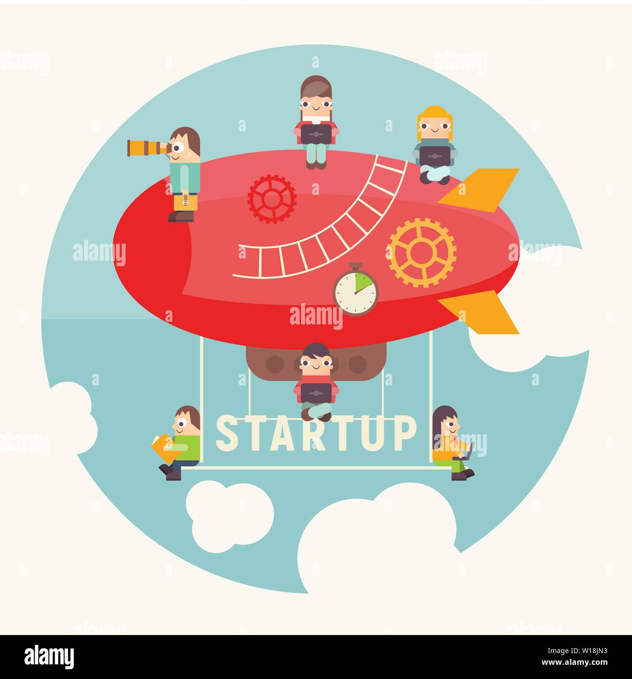 Concept de démarrage. Funny Cartoon Personnes voler sur dirigeable. Le travail d'équipe cohérent dans le démarrage. Vector Illustration pour la page Web, bannière, Social Illustration de Vecteur
