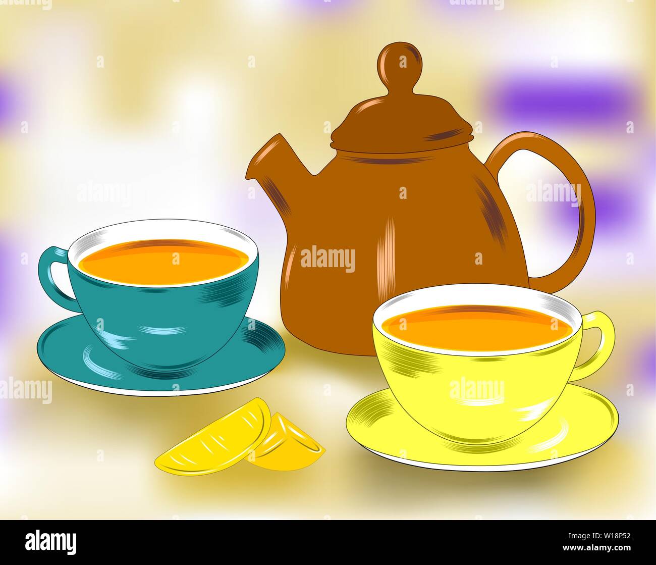 Dessin plat d'une fête de thé. Vie de plats, beau fond. Théière, tasse et soucoupe. Les tasses sont remplies de thé. Vecteur Illustration de Vecteur