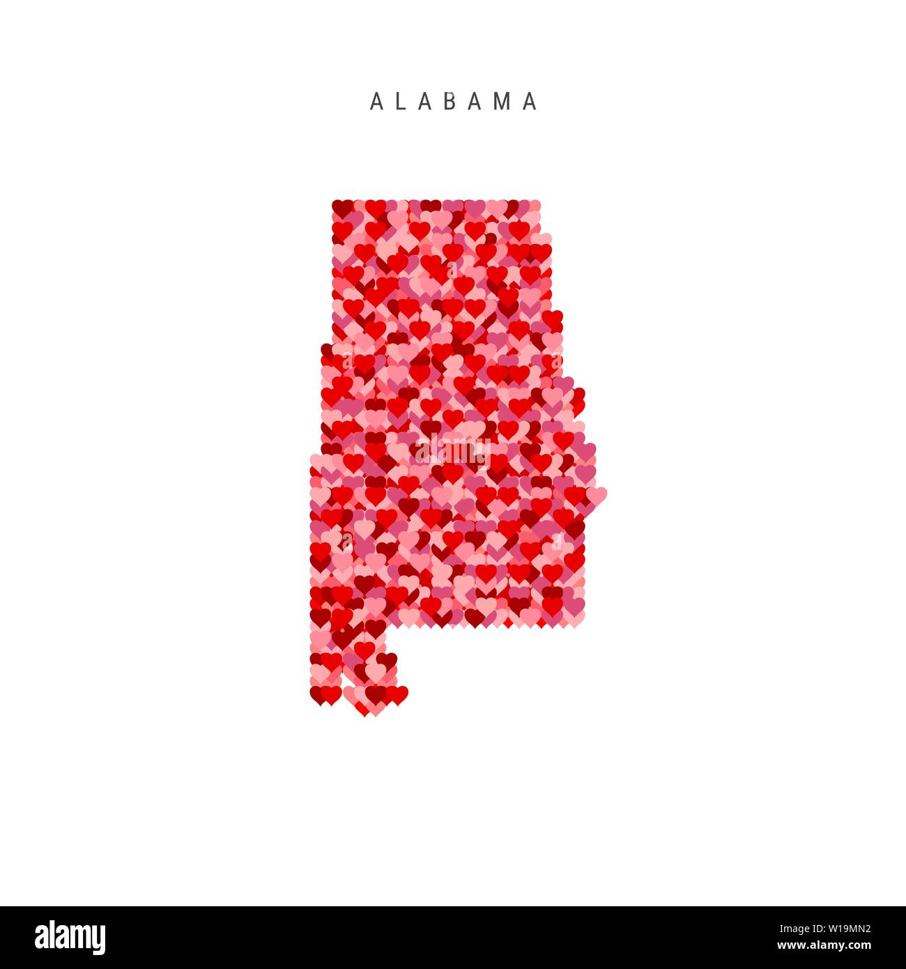 J'aime New York. Motif coeurs rouges et roses carte vectorielle de l'Alabama isolé sur fond blanc. Illustration de Vecteur