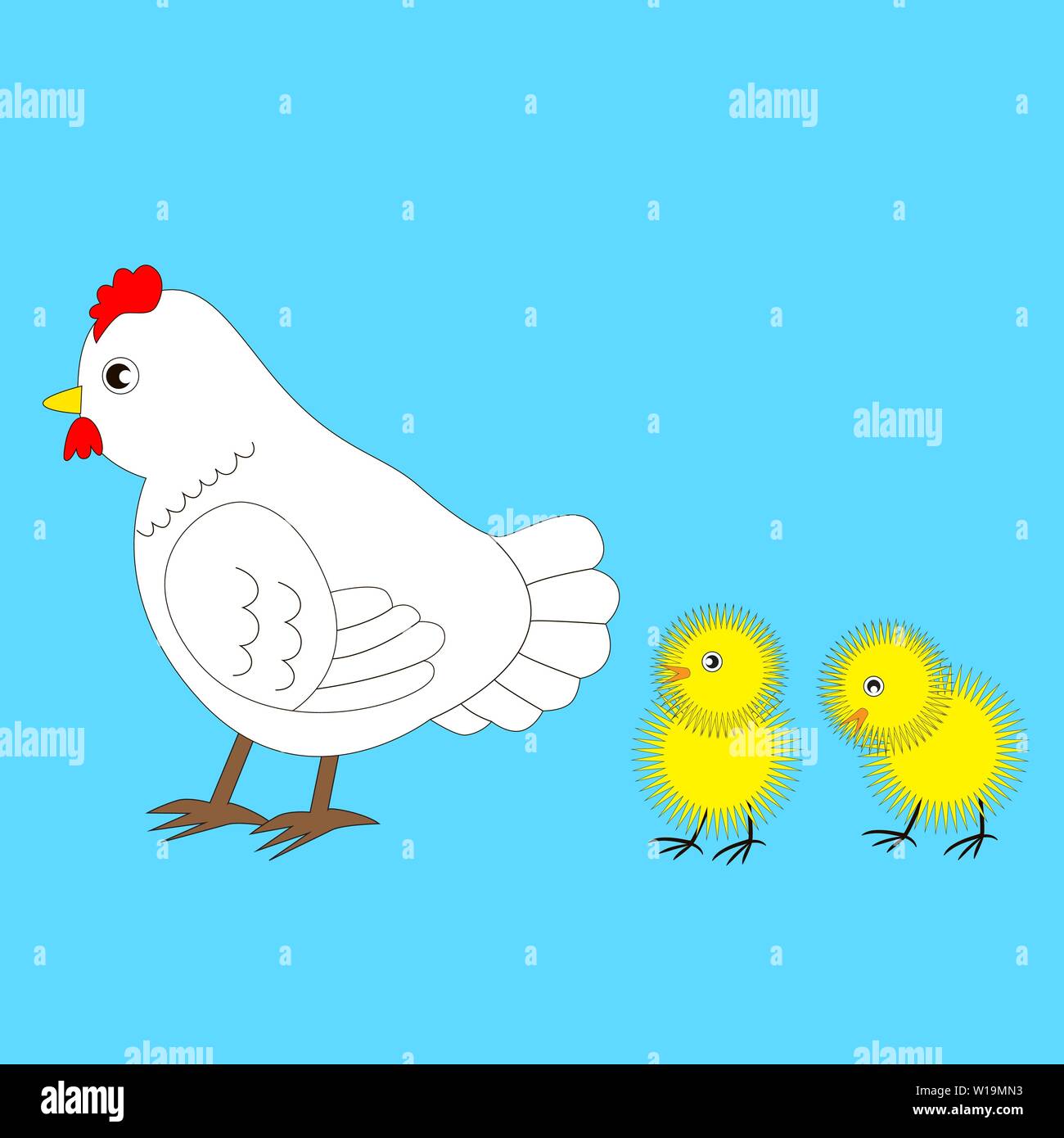 La mère poule avec deux poulets isolé sur fond bleu. Illustration de Vecteur