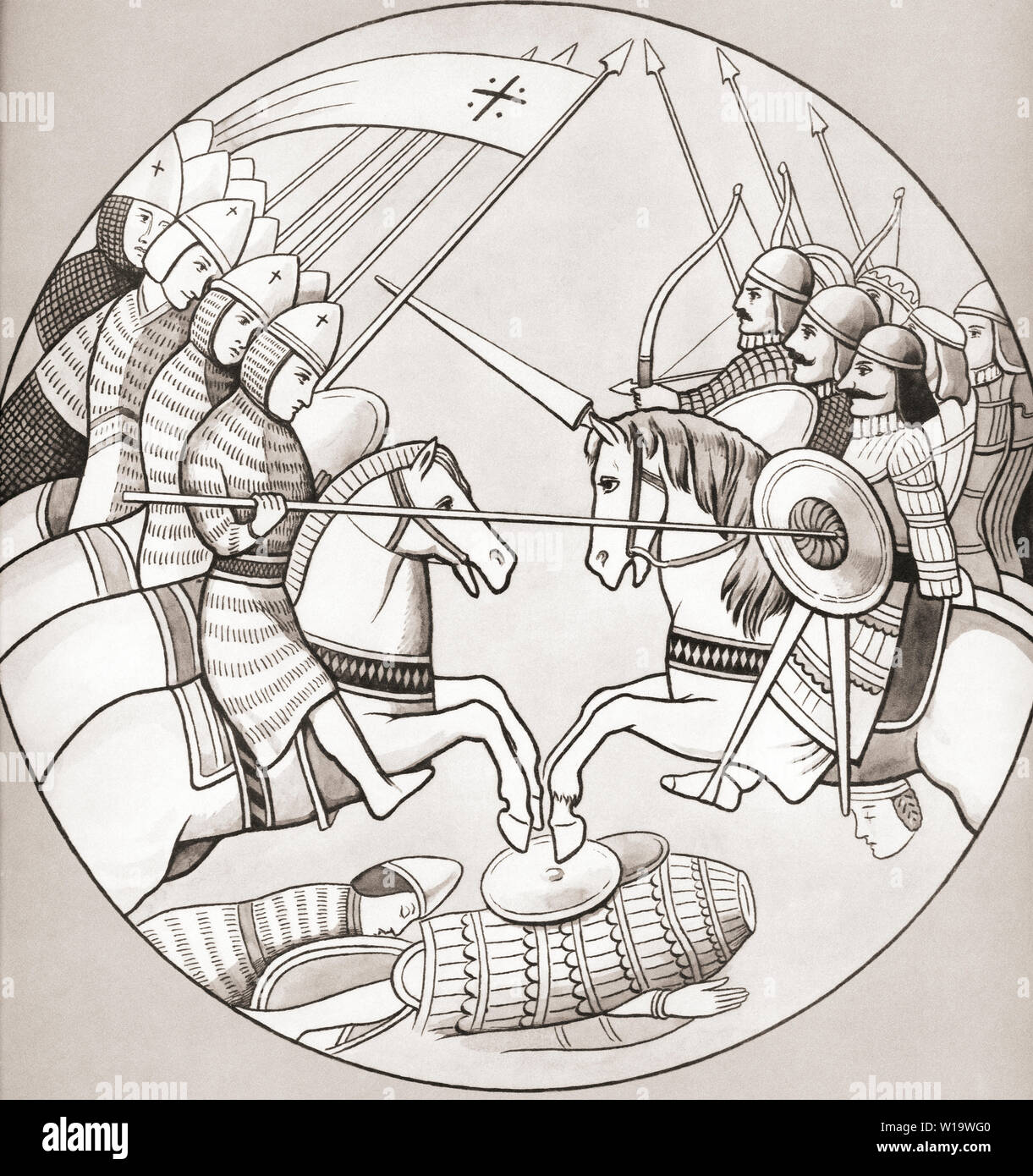 Combat entre croisés et musulmans. À partir d'une impression contemporaine, c.1935. Banque D'Images