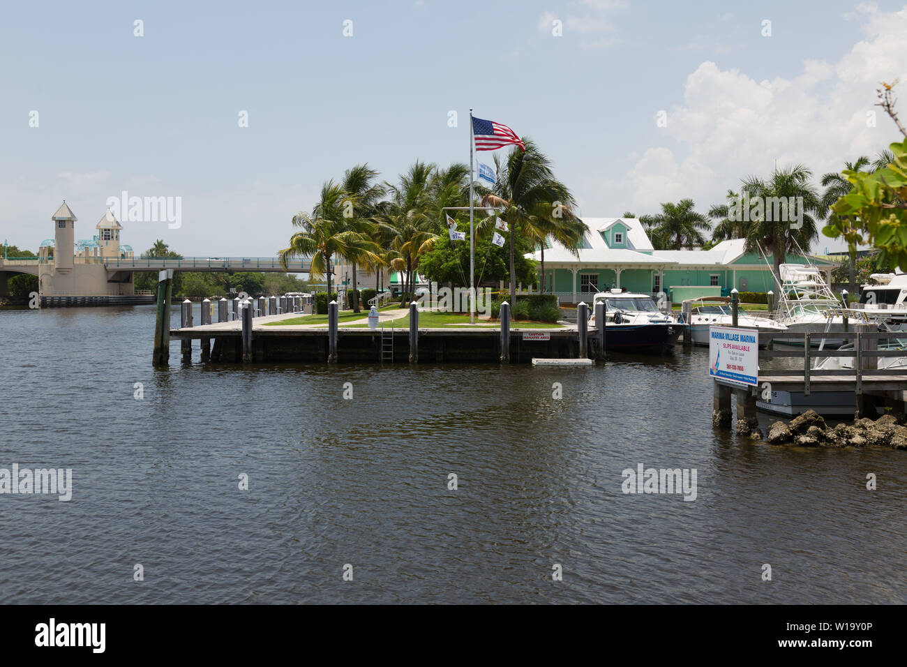 La recherche à travers l'eau du parc en direction de la Mangrove ancienne gloire survolant la Boynton Harbour Marina dans la région de Boynton Beach, Floride, USA. Banque D'Images