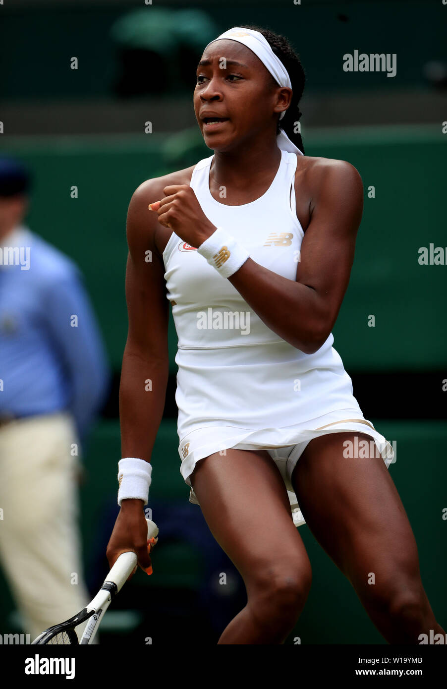 Cari Gauff réagit lors de son match contre venus Williams le premier jour des championnats de Wimbledon au All England Lawn tennis and Croquet Club, Wimbledon. Banque D'Images
