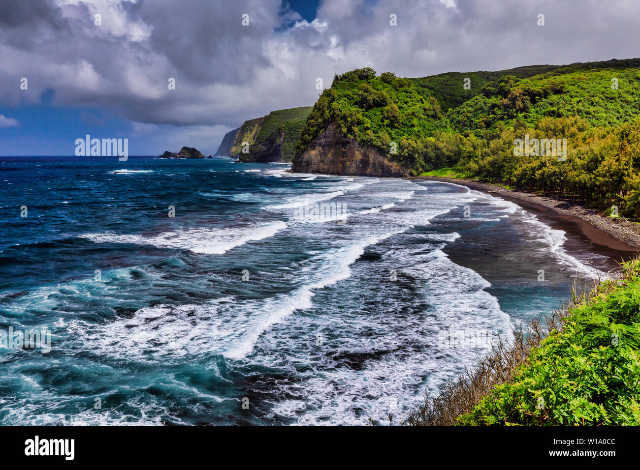 Une vue de la Vallée de Pololu avec des vagues du rivage de l'alignement le long de la plage de sable de l'île de Hawaii, USA Banque D'Images