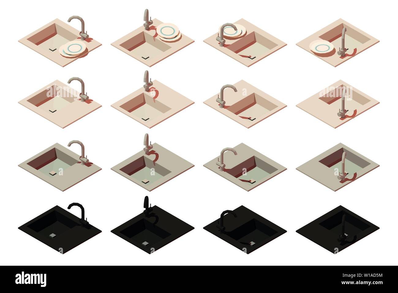 Isométrique vecteur évier de cuisine. Ensemble d'éléments pour créer une scène Illustration de Vecteur