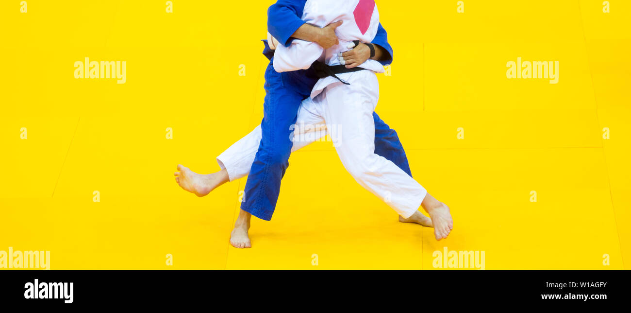 Deux combattants judo en uniforme blanc et bleu. Banque D'Images