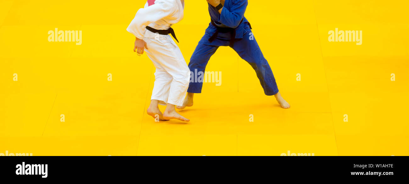 Deux combattants judo en uniforme blanc et bleu. Banque D'Images