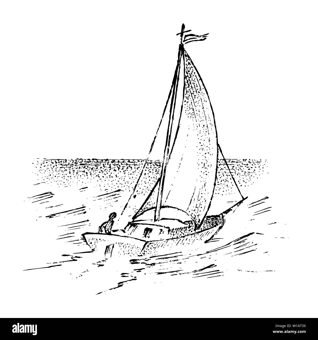 Voilier dans la mer, l'été l'aventure, vacances actives. Navire de mer, bateau marin ou nautique caravel. Le transport de l'eau dans l'océan pour marin et Illustration de Vecteur