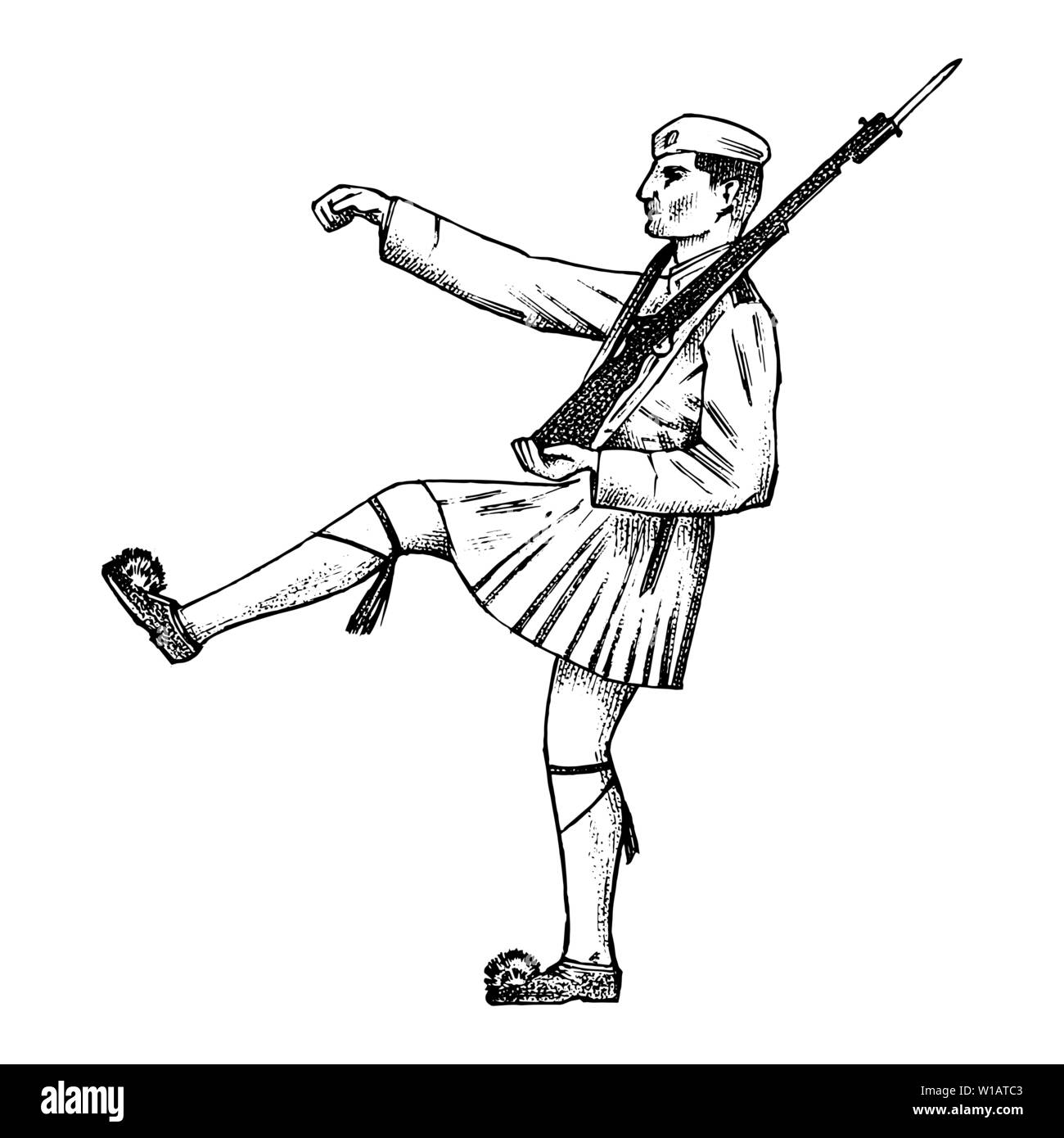 Les militaires en armes et en forme. L'homme grec dans une jupe. La Grèce et les particularités culturelles. Croquis dessinés à la main, gravée dans un style vintage. Illustration de Vecteur
