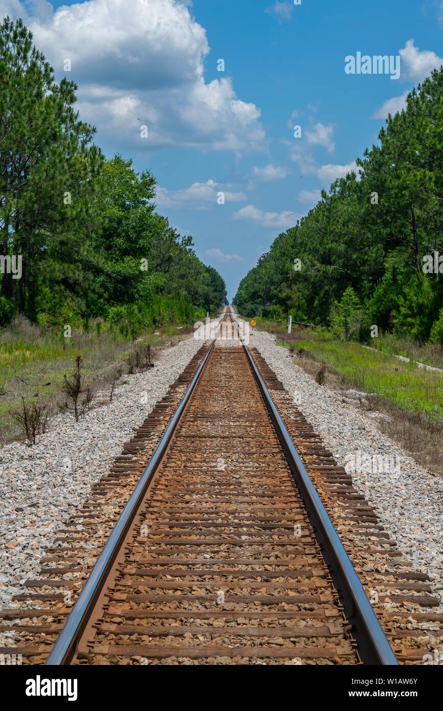 Voir de longs et droits de rails de chemin de fer dans une région rurale. Banque D'Images