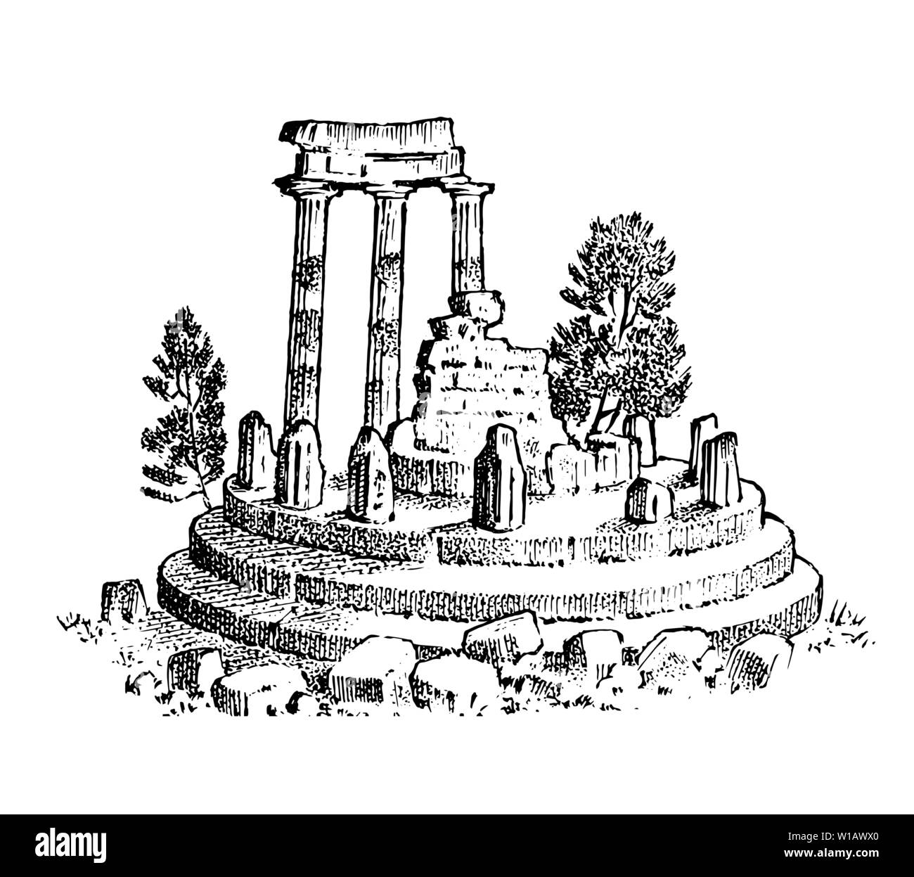 Ruines de la Grèce antique. Des colonnes grecques, paysage dans le style vintage. Gravé à la main vintage esquisse pour poster, une bannière ou un site web. Illustration de Vecteur