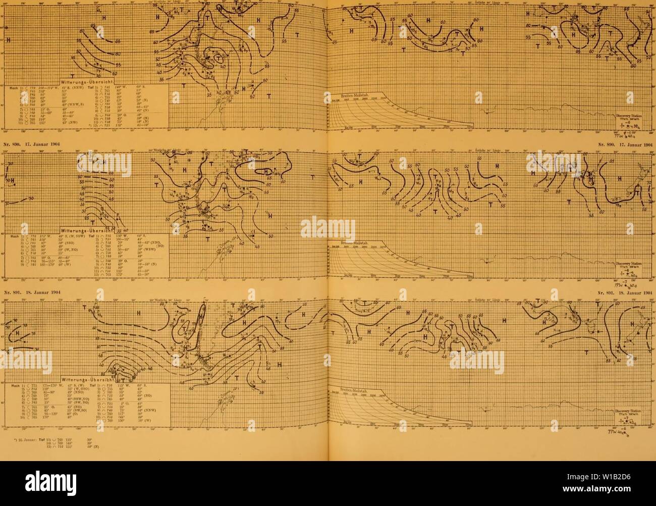 Image d'archive à partir de la page 304 de la Deutsche Südpolar-Expedition, 1901-1903, im Auftrage. Deutsche Südpolar-Expedition, 1901-1903, im Auftrage des Reichsamtes deutschesdpola . des Innern1311deut Année : 1911 Deutsche Südpolar-Expedition 1001-3 N° SS'.". 16. Januar rH)4 <MT- iin- HUT uo MO/offisc Metfioro OO' - son Atlas. "Tafel 2'J7 N° H89. 1". Januar '.m ) IC. Jaimar : TIbI lH) w 700 141 760 148 üV = 16) o 766 1S5 Banque D'Images
