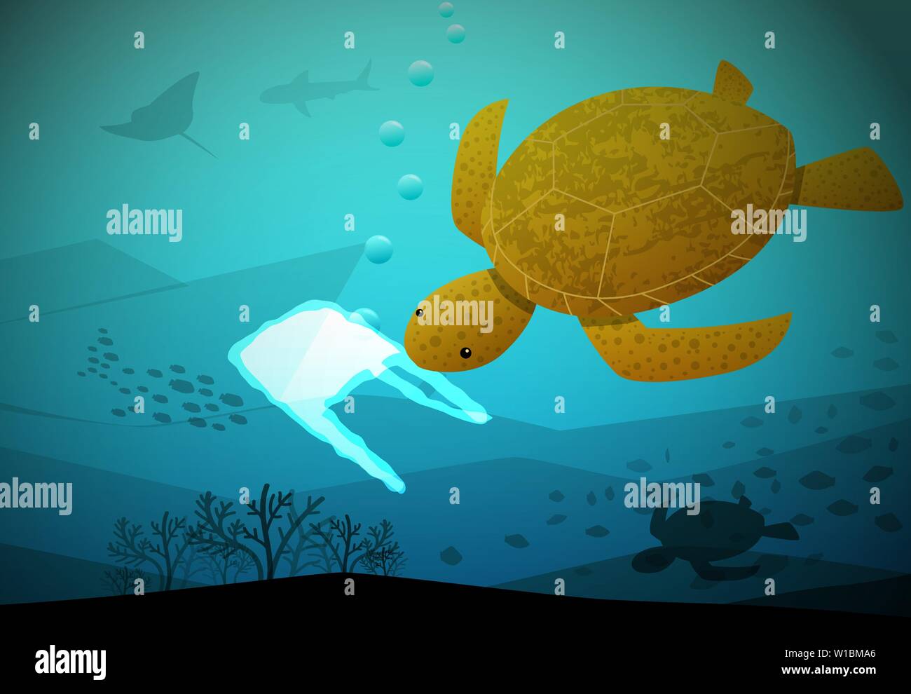 Manger de la tortue sac de plastique qui ressemble à une méduse, vector Illustration de Vecteur