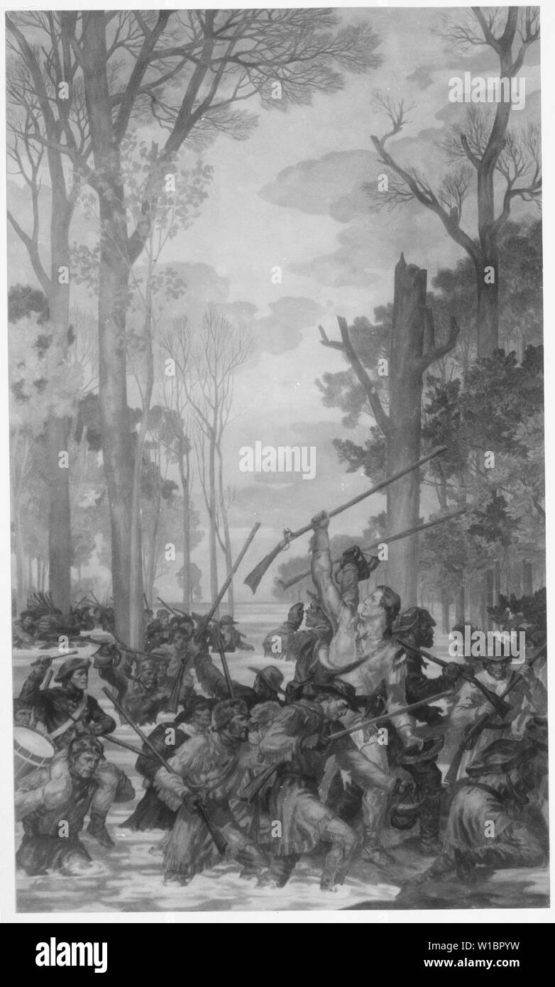 Clark's mars contre Vincennes à travers le Wabash en milieu sauvage et d'inondation. George Rogers Clark, février 1779. Copie de tableau par Ezra Winter, vers 1933-1934., ca. 1910 - 1950 ; notes générales : utiliser la guerre et les conflits numéro 38 lors de la commande d'une reproduction ou demande d'informations sur cette image. Banque D'Images