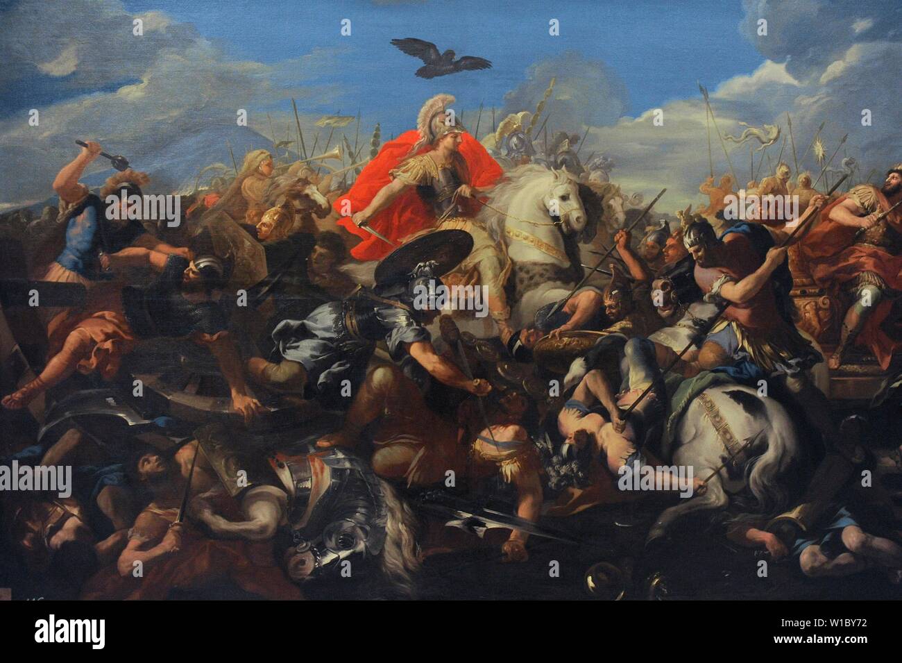 Bataille de Arbelas o Batalla de Gaugamela (331 a. C.). Combate librado entre los ejércitos de Alejandro Magno (336-323 a. C.) y el Rey persa Dario III. Óleo sobre lienzo, 1,80 x 3,91 m. Pintura de José del Castillo (1737-1793). Real Academia de Bellas Artes de San Fernando. Madrid. España. Banque D'Images