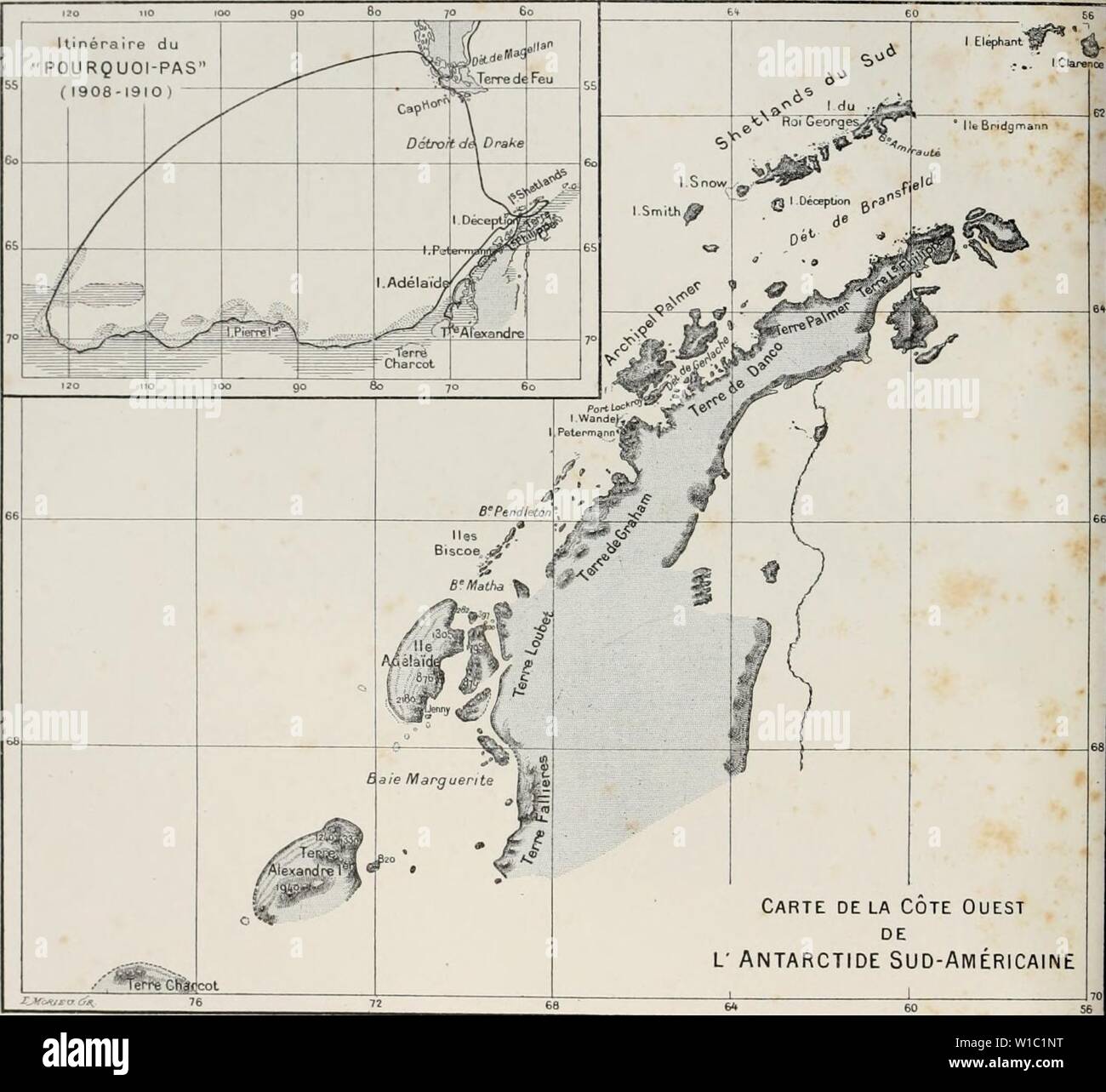 Image d'archive à partir de la page 5 de la deuxième expédition antarctique francaise (1908-1910). Moi expÃdition¨DeuxiÃ antarctique francaise (1908-1910) . deuximeexpdi1911fran Année : 1911 Carte delÃ Cote Ouest DE L' ANTARCTIDE SUD-AMÃRICAINE CARTE DES RÃGIONS ET PARCOURUES PAR L'EXPÃDITION RELEVÃES MEMBRES DE LETAT MAJOR ' POURQUOI PAS ' J.-B. M. CHARCOT Hydrographie BONGRAIN, Sismographie, la gravitation terrestre, les observations astronomiques. L. CiAIN Zoologie (Spongiaires, Echinodermes. Arthropodes. Oiseaux et cial& parasites) plancton, Botanique. R.-E. MarÃes Tofographie GODFROY, cÃ'tiÃ¨re. Chimie de Tai Banque D'Images