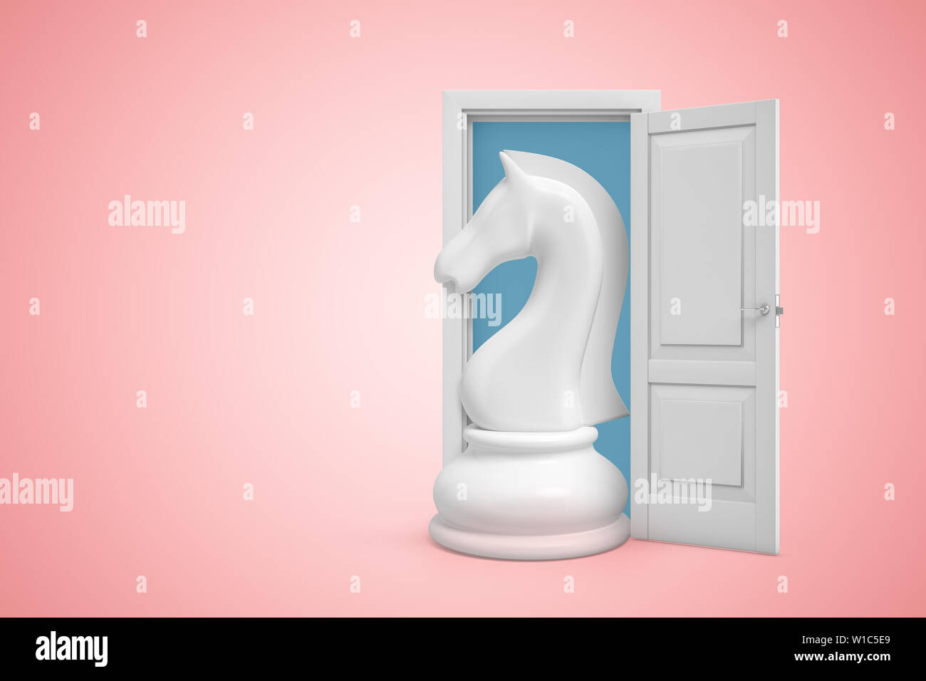 Le rendu 3D d'une porte blanche avec blanc échecs sur fond rose clair Banque D'Images