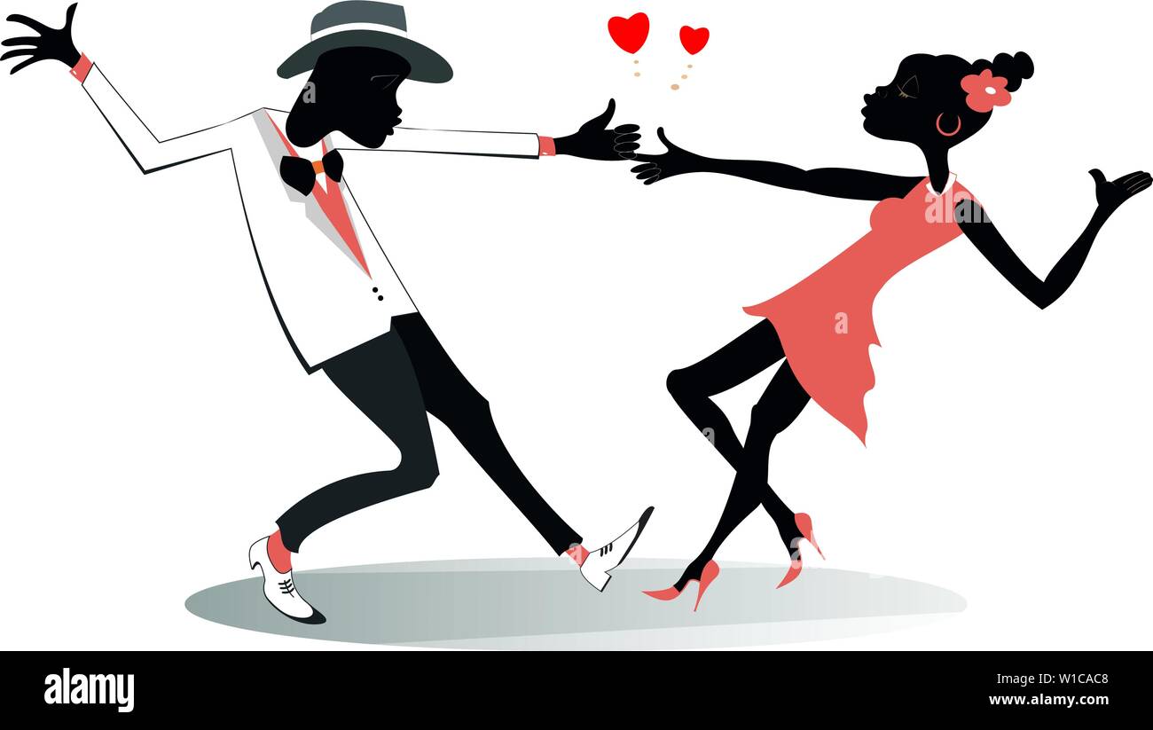 La danse romantique jeune couple illustration isolé. Funny dancing jeune africain l'homme et de la femme et de symboles isolated on white Illustration de Vecteur